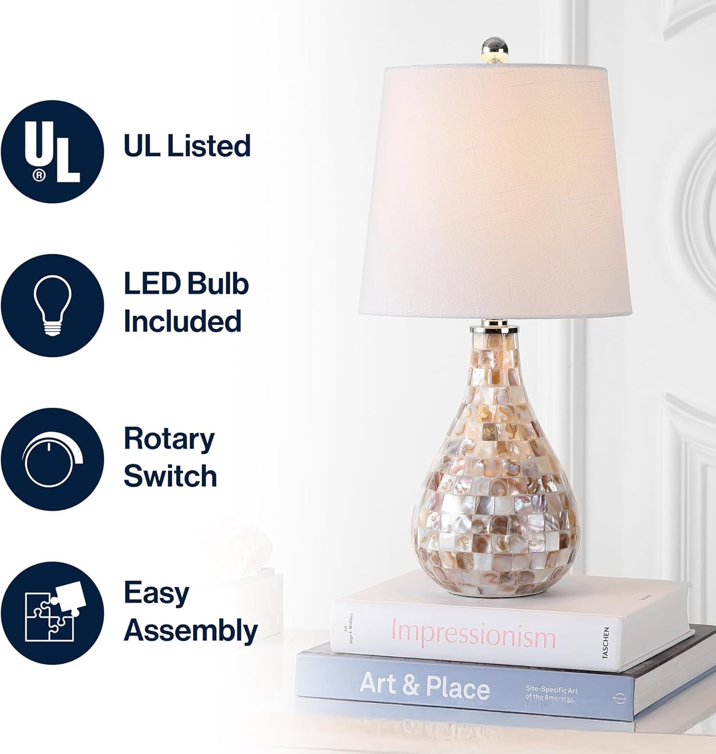 20.5" Seashell Coastal Mini LED Table Lamp for Living Room Office, White Linen Drum Shade, Modern Mother of Pearl Bedside Nightstand Lamp, LED Bulb Included JYL1024A