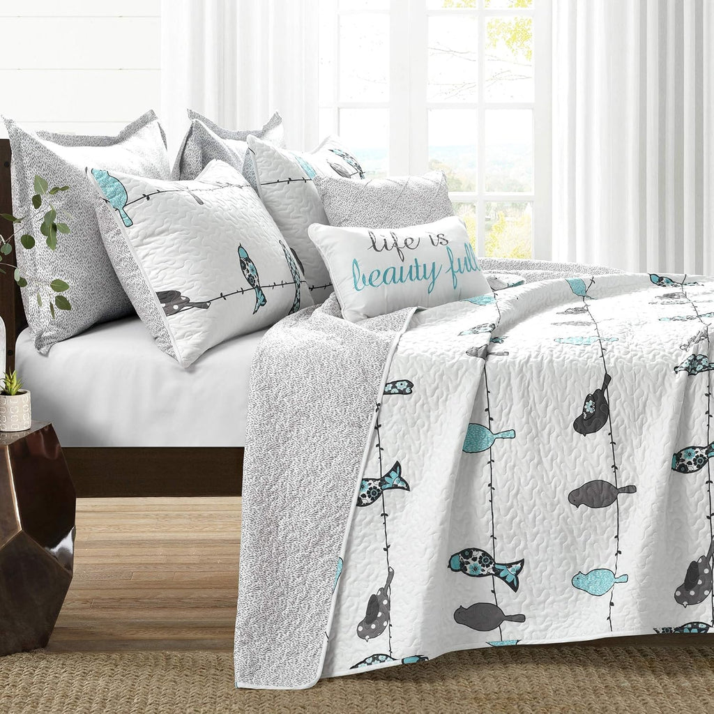 Rowley Birds Quilt Set, 7 Piece Set, Full/ Queen, Blue & Gray - Reversible Bird Bedding Set with Pillow Cases & Throw Pillows - Colorful, Whimsical, & Playful Floral Bird Print