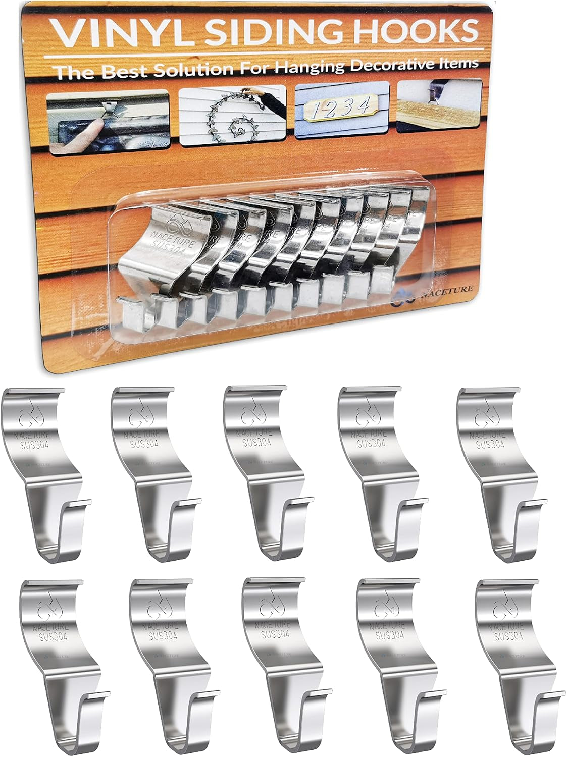 Vinyl Siding Hooks Hanger (10 Pack) | No Drill Vinyl Hooks for Hanging Outdoor Decor, Sliver