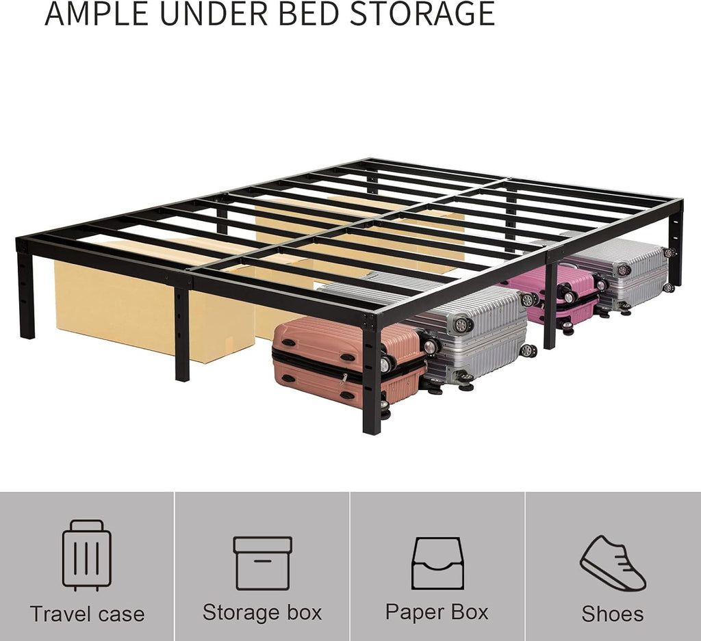 Queen Size Bed Frame with Steel Slats Support, Sturdy and Durable, No Box Spring Needed, 16 Inch High 3500Lbs Heavy Duty Metal Platform Frames with Storage, Noise-Free, Black