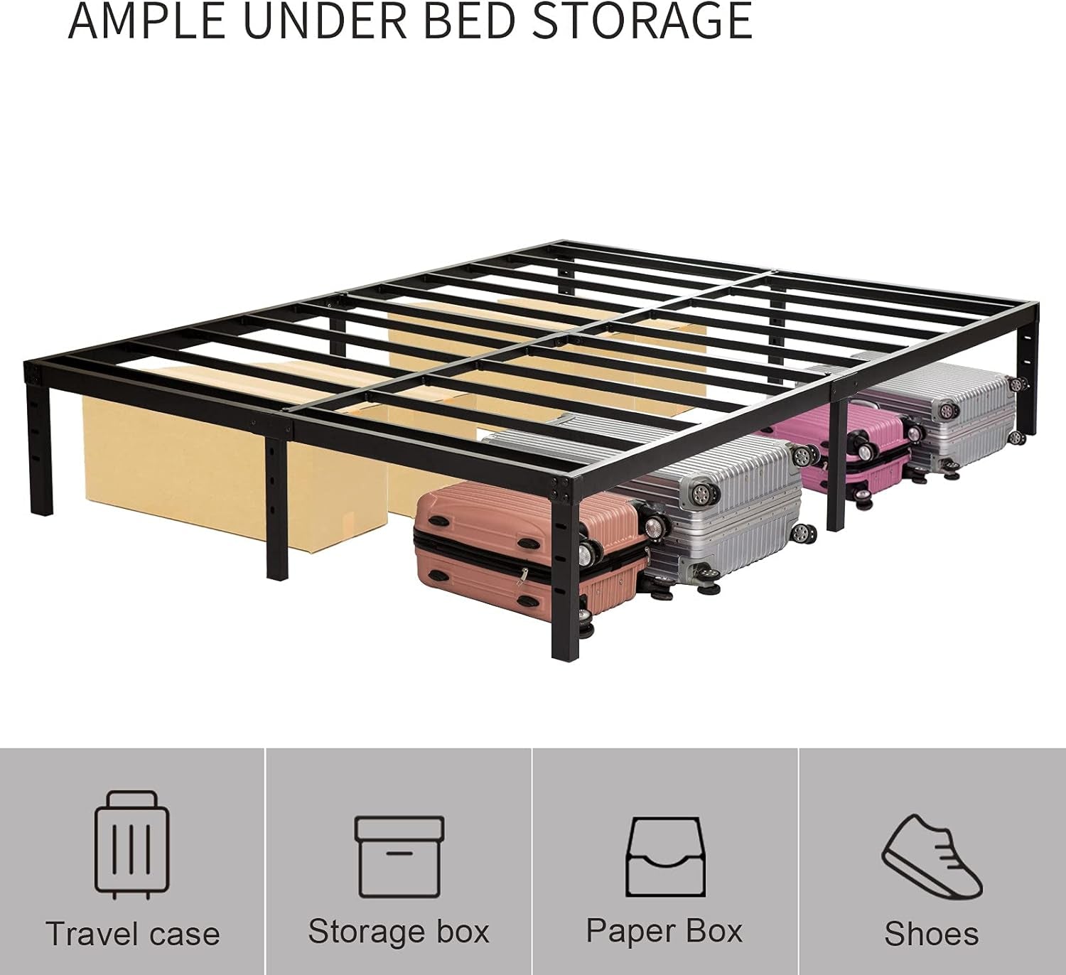 Queen Size Bed Frame with Steel Slats Support, Sturdy and Durable, No Box Spring Needed, 16 Inch High 3500Lbs Heavy Duty Metal Platform Frames with Storage, Noise-Free, Black