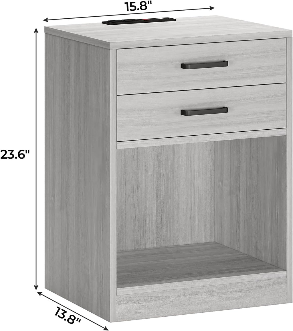Nightstands Set of 2,Grey Nightstand with Charging Station & Drawers,Night Stands for Bedrooms Set of 2