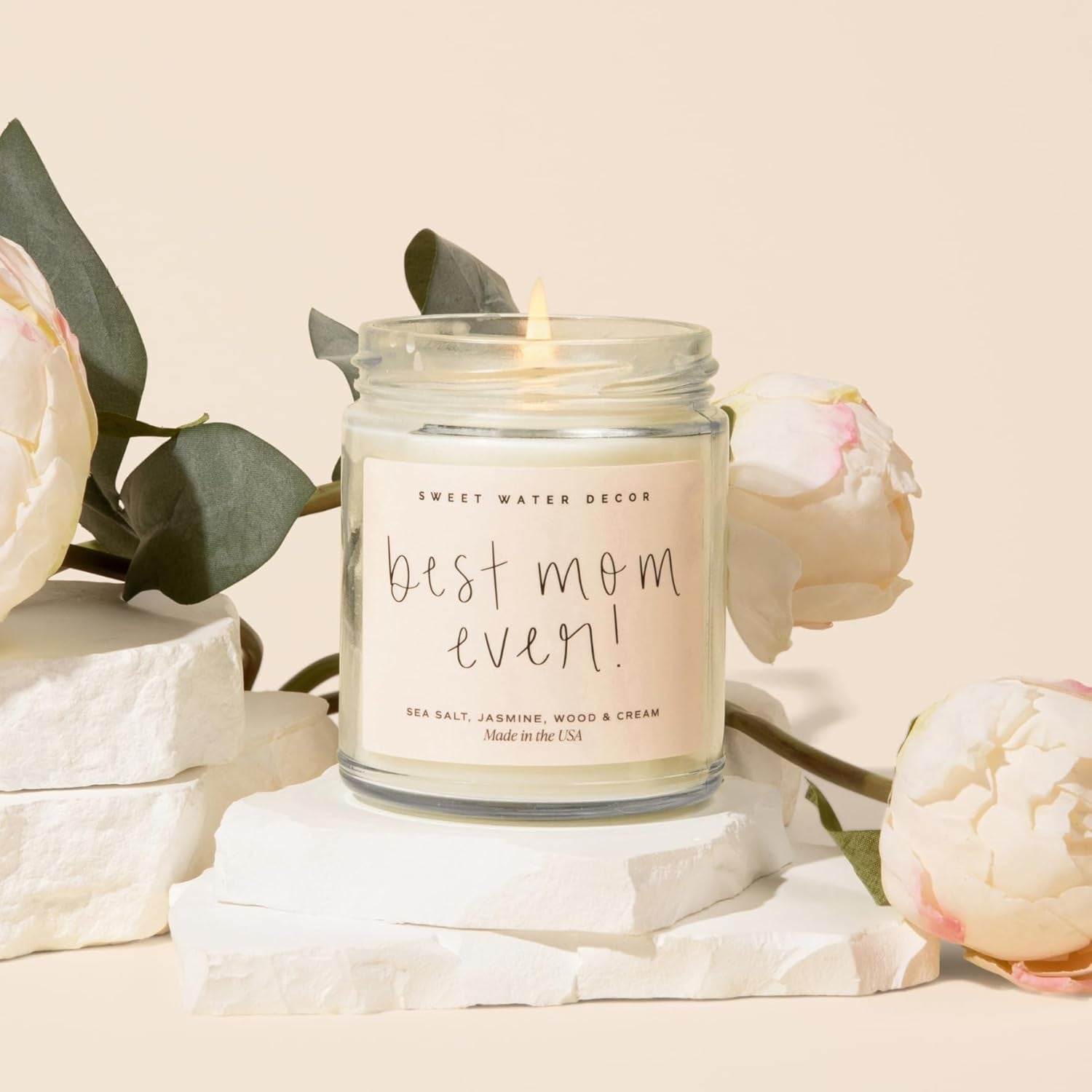 , Best Mom Ever Candle - Sea Salt, Jasmine, Cream, and Wood Scented Soy Wax Candle for Mom - 9Oz Clear Jar, 40 Hour Burn Time, Made in the USA