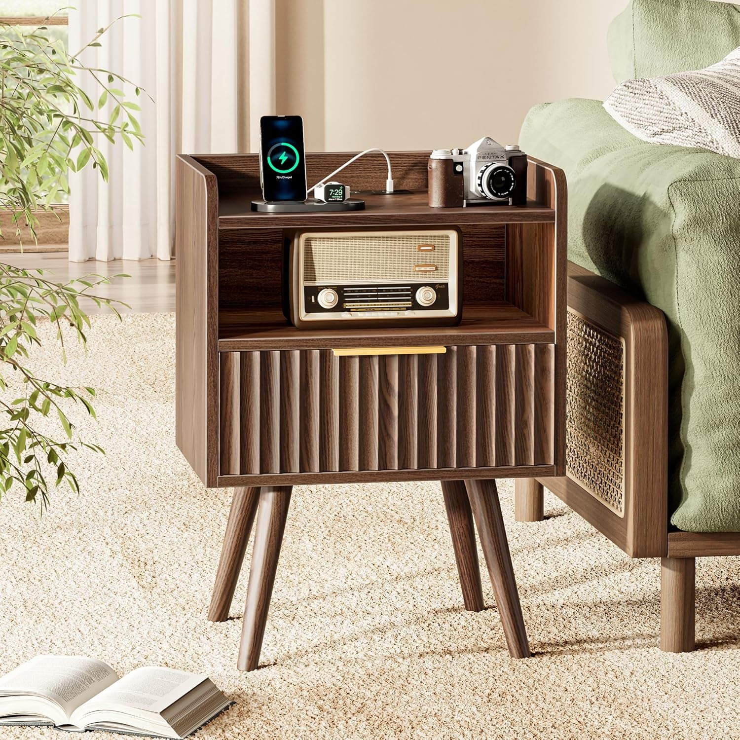 Nightstand with Charging Station, USB-C Port, Fluted Night Stand Set of 2, Bed Side Table with Drawer, Solid Wood Feet, Open Storage, End Table with Raised Edge, for Bedroom, Walnut