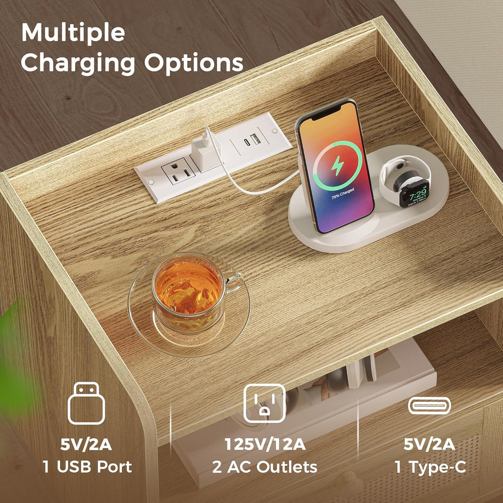 Nightstands Set of 2, Night Stands with Charging Station & PE Rattan Decor Drawer, Bed Side Tables with Solid Wood Feet, End Table, for Bedroom, Living Room - Natural