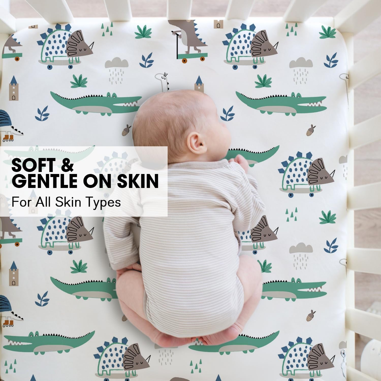 Crib Sheets for Girls and Boys, 2Pk Baby Crib Fitted Sheet for Standard Size Crib and Toddler Mattress, Super Soft Baby Sheet, Green Dinosaur