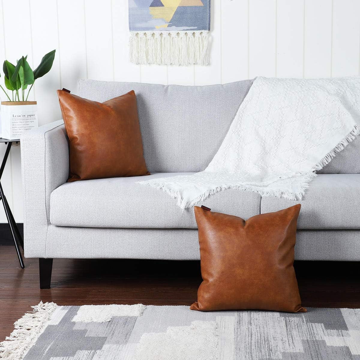 Set of 2 Faux Leather Decorative Throw Pillow Covers Modern Solid Outdoor Cushion Cases Luxury Pillowcases for Couch Sofa Bed 22X22 Inches Brown