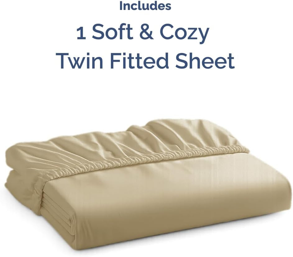 Twin Fitted Bed Sheet - Bottom Single Fitted Sheet Only - Ultra-Soft Hotel Luxury Bedding W/ 8-16 Inch Deep Pockets - Breathable, Cooling & Wrinkle Free - Easy-Care, Fade & Shrink Resistant - Beige