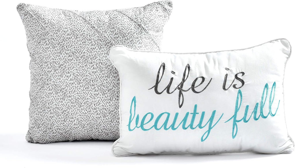 Rowley Birds Quilt Set, 7 Piece Set, Full/ Queen, Blue & Gray - Reversible Bird Bedding Set with Pillow Cases & Throw Pillows - Colorful, Whimsical, & Playful Floral Bird Print