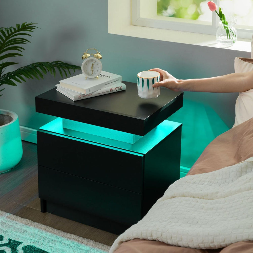 Nightstand Set of 2 LED Nightstand with 2 Drawers, Bedside Table with Drawers for Bedroom, Side Bed Table with LED Light, Black