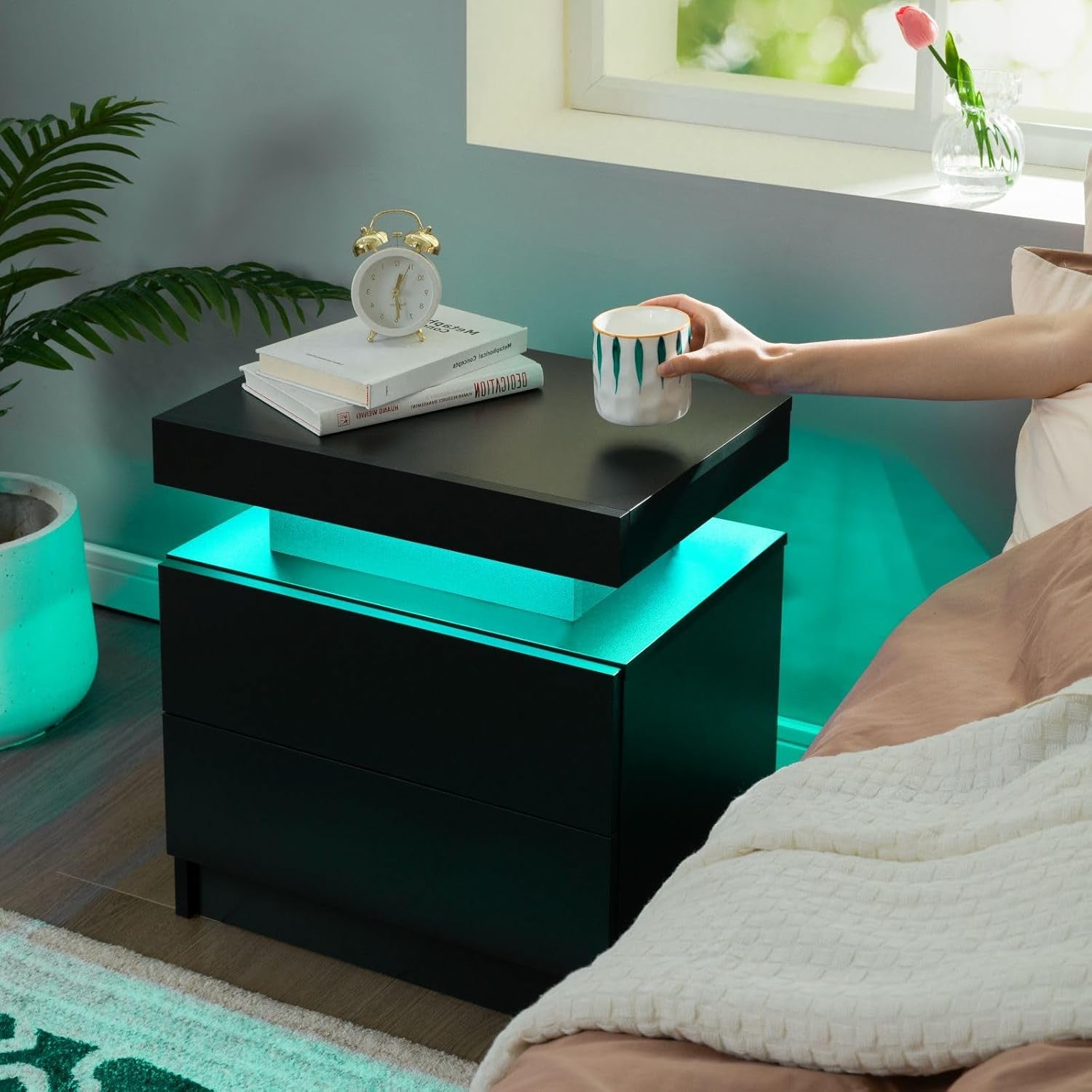 Nightstand Set of 2 LED Nightstand with 2 Drawers, Bedside Table with Drawers for Bedroom, Side Bed Table with LED Light, Black