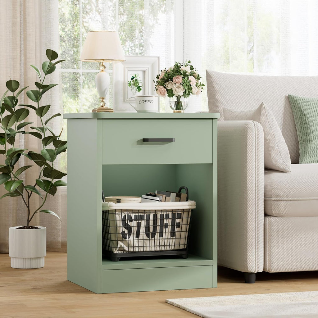 Nightstand Set of 2, 2-Tier Side Table with Drawer and Storage Shelf, Bedside Table End Table, Modern Night Stand for Bedroom, Home Office, Green