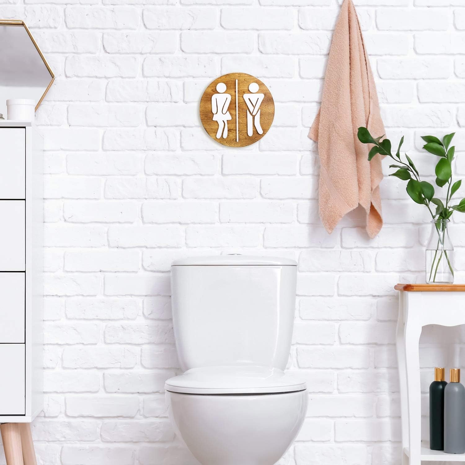 Unisex Bathroom Signs-Cute Bathroom Wall Decor-Funny Restroom Sign (Birch Brown)