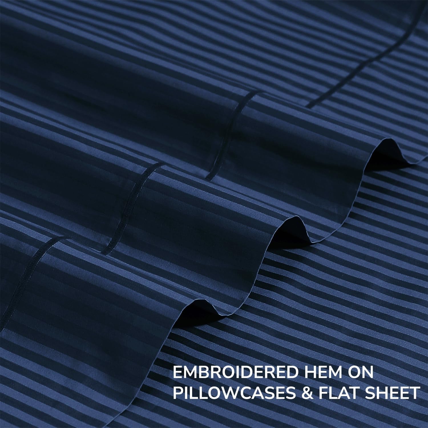 Feather & Stitch 500 TC California King Size Bed Sheet Set, 100% Cotton Soft Breathable Bedsheets, 4 Piece 18" Deep Pockets Sateen Weave Striped Bedding Mattress Resort Hotel - (Dark Blue Stripe)