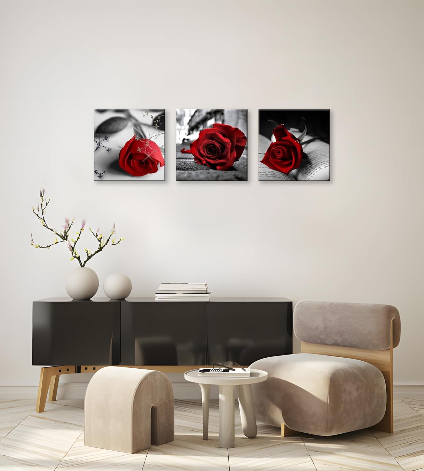 3 Pcs Red Rose Canvas Art Black and White Red Wall Art Flower Picture Prints Stretched and Framed Triptych 12"X12" Floral Decor Canvas Art for Home Decor Living Room Bedroom
