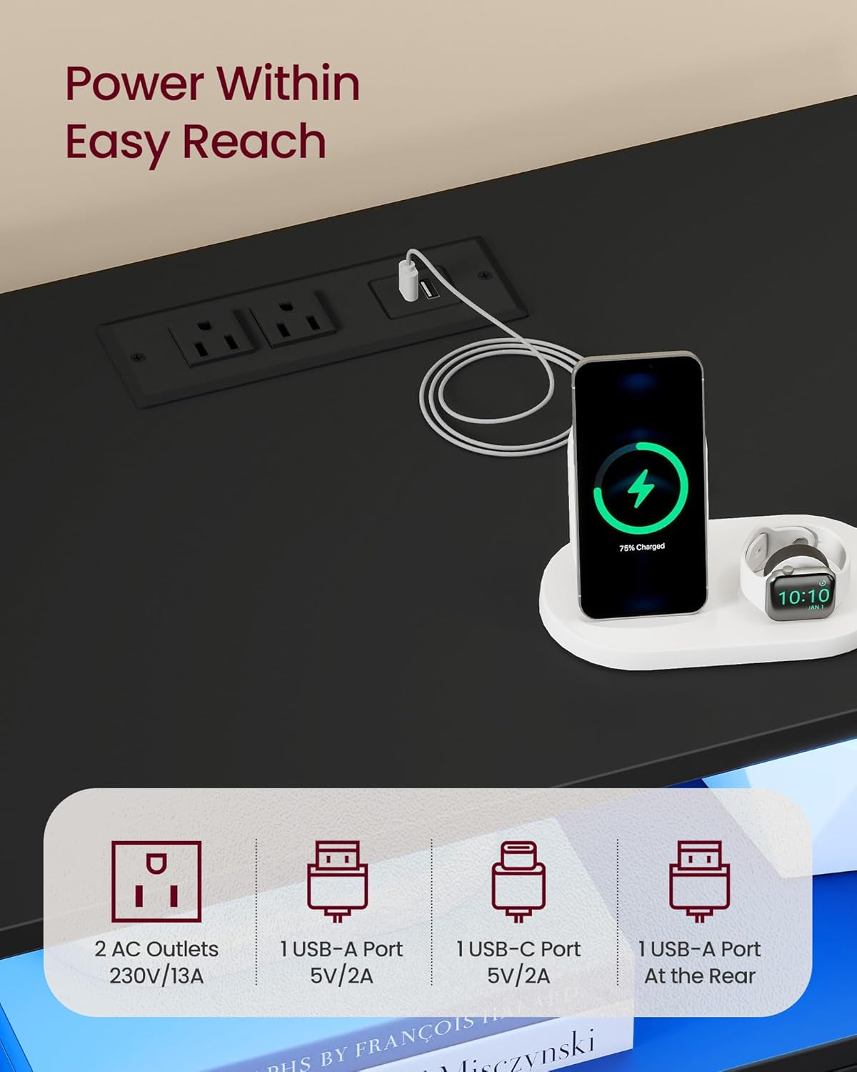 Custos Collection - Set of 2, 23.6 Inch Wide Nightstands with Charging Station, LED Lights, Modern Night Stands, Side End Tables with Drawers, Open Shelf, 2 AC Outlets USB Ports, Ink Black