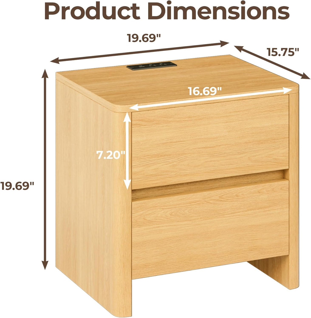 Nightstand with Charging Station, Modern Bedside Table End Table with LED Lights & 2 Drawers & Safe Curved Corners, Mid Century Modern Night Stand for Bedroom, Living Room, Natural Oak