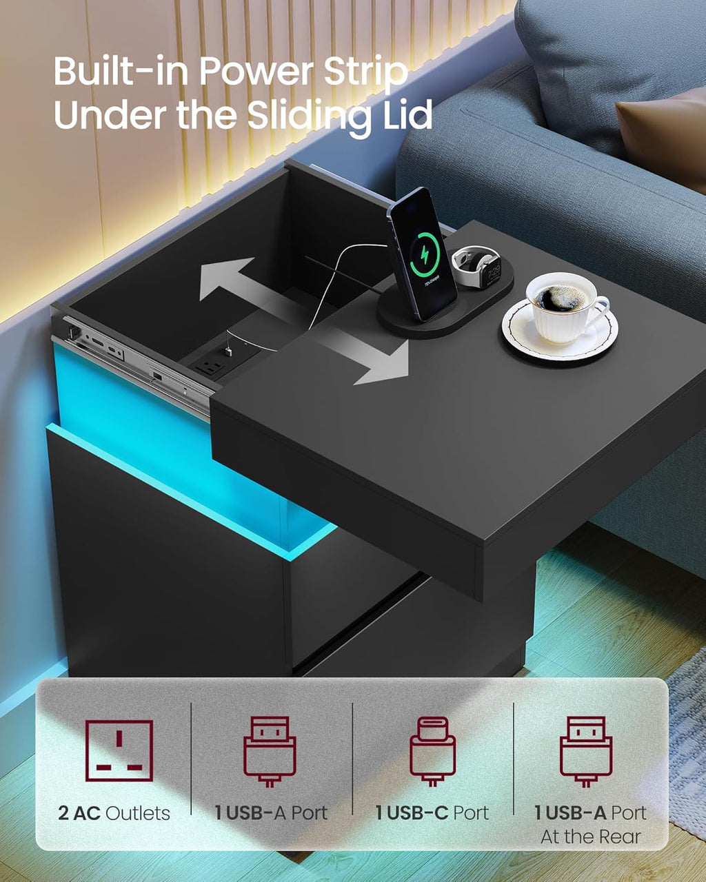 Kailyn Collection - Nightstands with Power Outlets, Sliding Lid, Modern Bedside Tables with LED Lights, End Tables, 2 Drawers, Set of 2, 15.7 X 18.9 X 26.8 Inches, Ink Black ULET650BC01S-2J