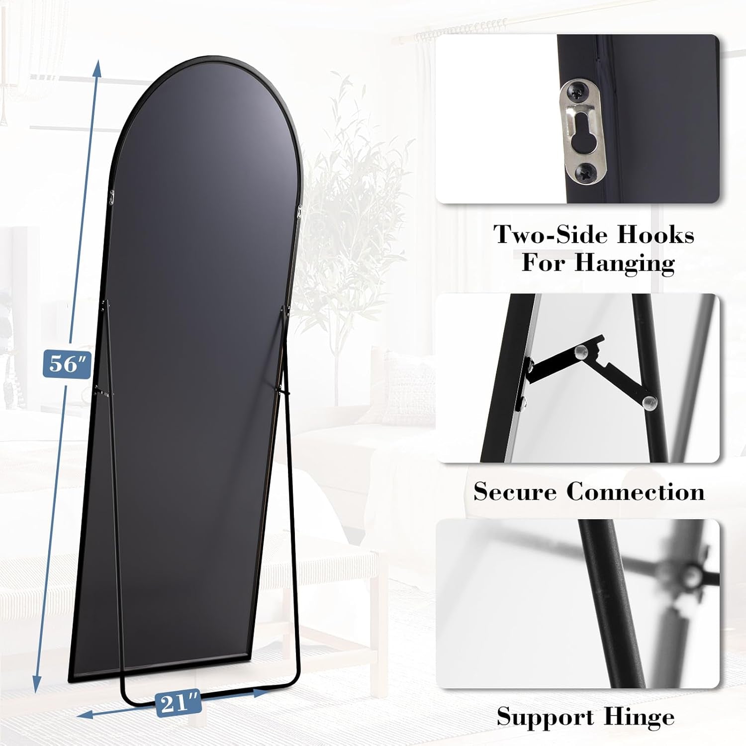 Arched Full Length Mirror with Stand Floor Standing Aluminum Frame for Bedroom Body Hanging Leaning Modern Simple Home Decor Shatter-Proorf Nano Glass Wall Living Room Cloakroom Black 56"X15"