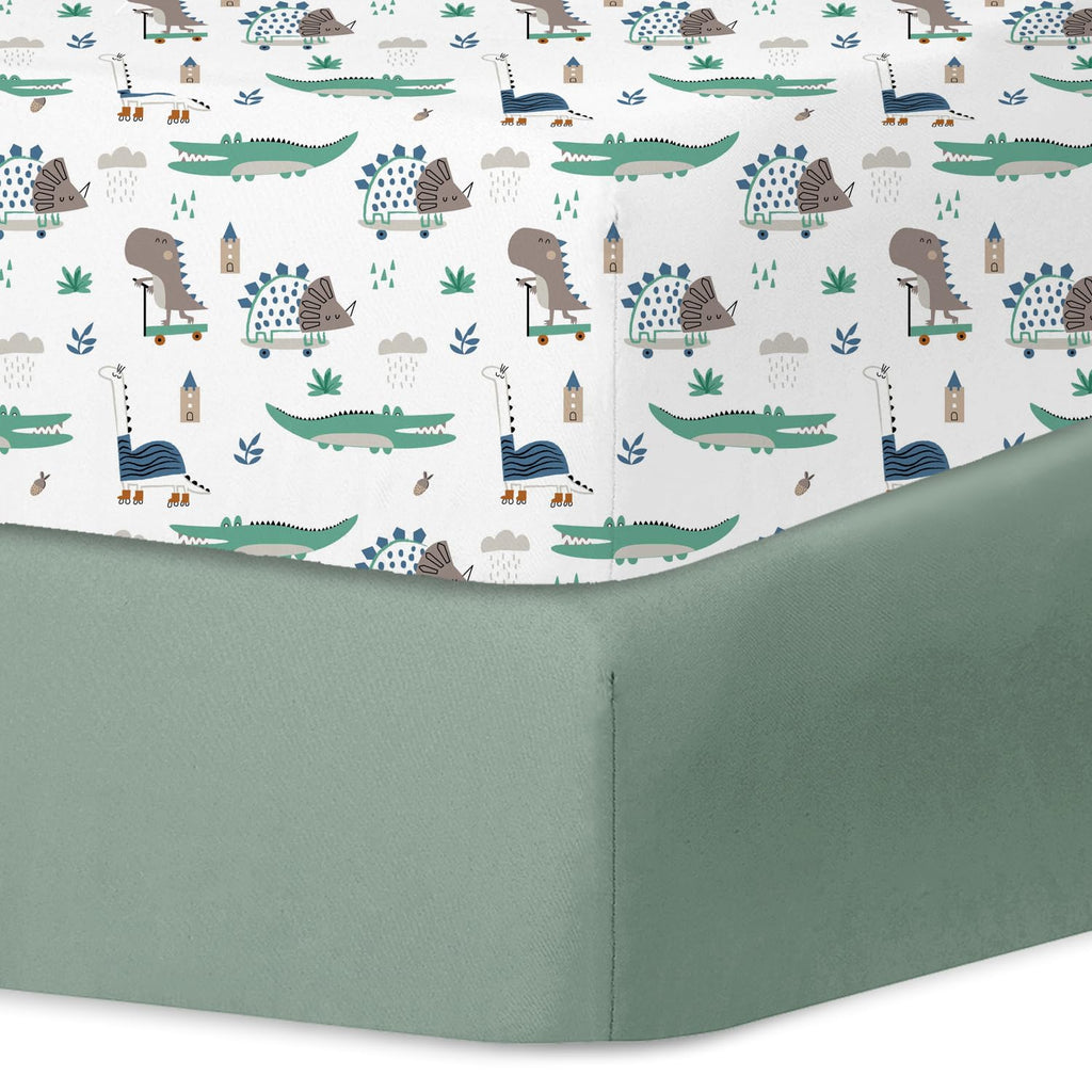 Crib Sheets for Girls and Boys, 2Pk Baby Crib Fitted Sheet for Standard Size Crib and Toddler Mattress, Super Soft Baby Sheet, Green Dinosaur