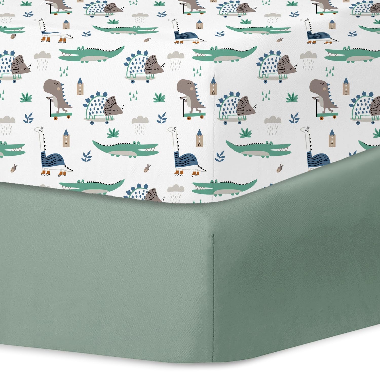 Crib Sheets for Girls and Boys, 2Pk Baby Crib Fitted Sheet for Standard Size Crib and Toddler Mattress, Super Soft Baby Sheet, Green Dinosaur