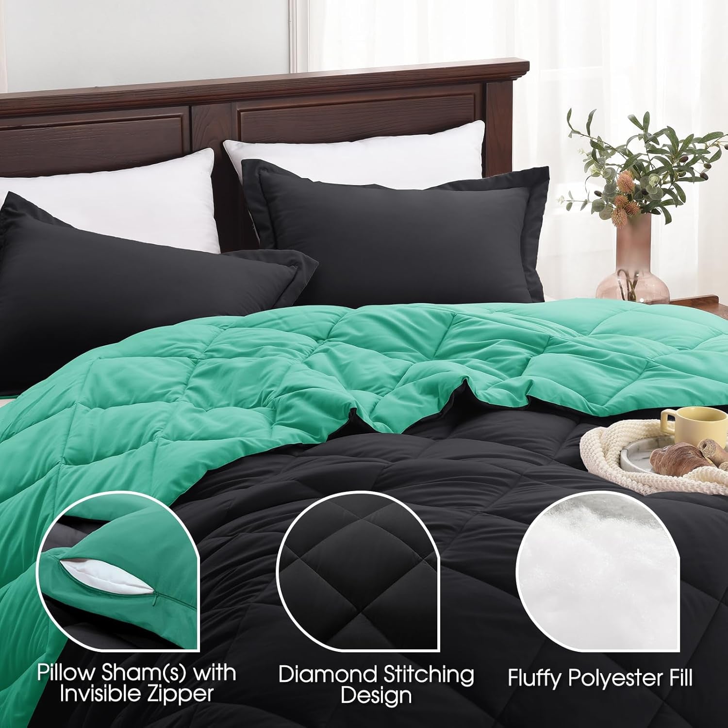 Queen Comforter Set - Green Comforter Set Queen, Reversible Bed Comforter Queen Set for All Seasons, Black/Mint Leaf, 1 Comforter (88"X92") and 2 Pillow Shams (20"X26"+2")