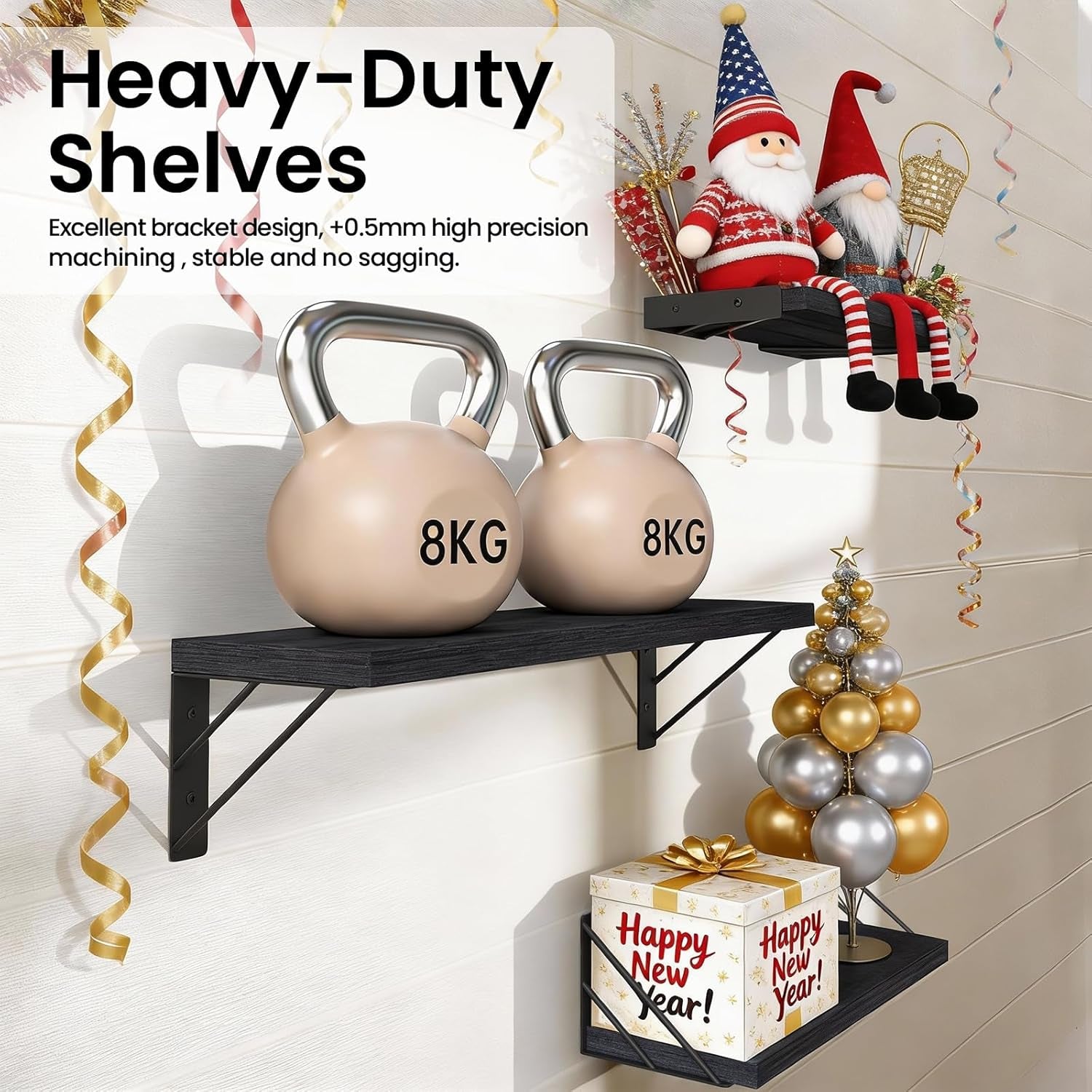 Wall Mounted Floating Shelves, Wood Floating Wall Shelf for Books & Decor, Small Space-Saving Display & Organizer（Black，Set of 3）