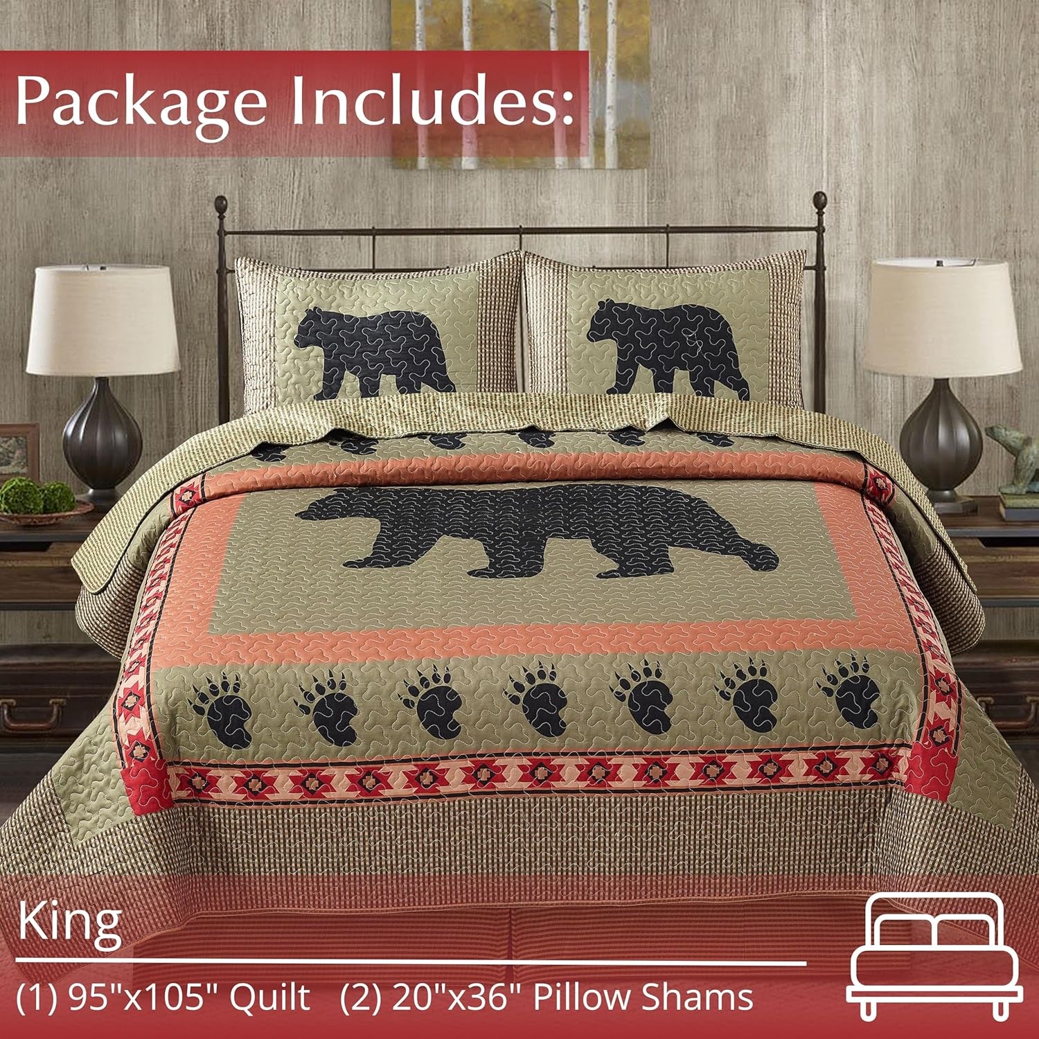 3 Piece King Cabin Quilt Bedding Set - Bear and Paw - Rustic Country Reversible Patchwork Comforter Set with Decorative Pillow Shams