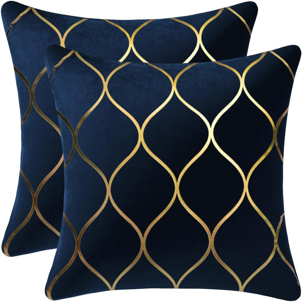 Gold Velvet Throw Pillow Covers Navy: 2 Pack 20X20 Inch Square Decorative Pillow Cases for Bedroom Sofa Couch Living Room