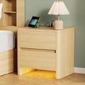 Nightstand with Charging Station, Modern Bedside Table End Table with LED Lights & 2 Drawers & Safe Curved Corners, Mid Century Modern Night Stand for Bedroom, Living Room, Natural Oak