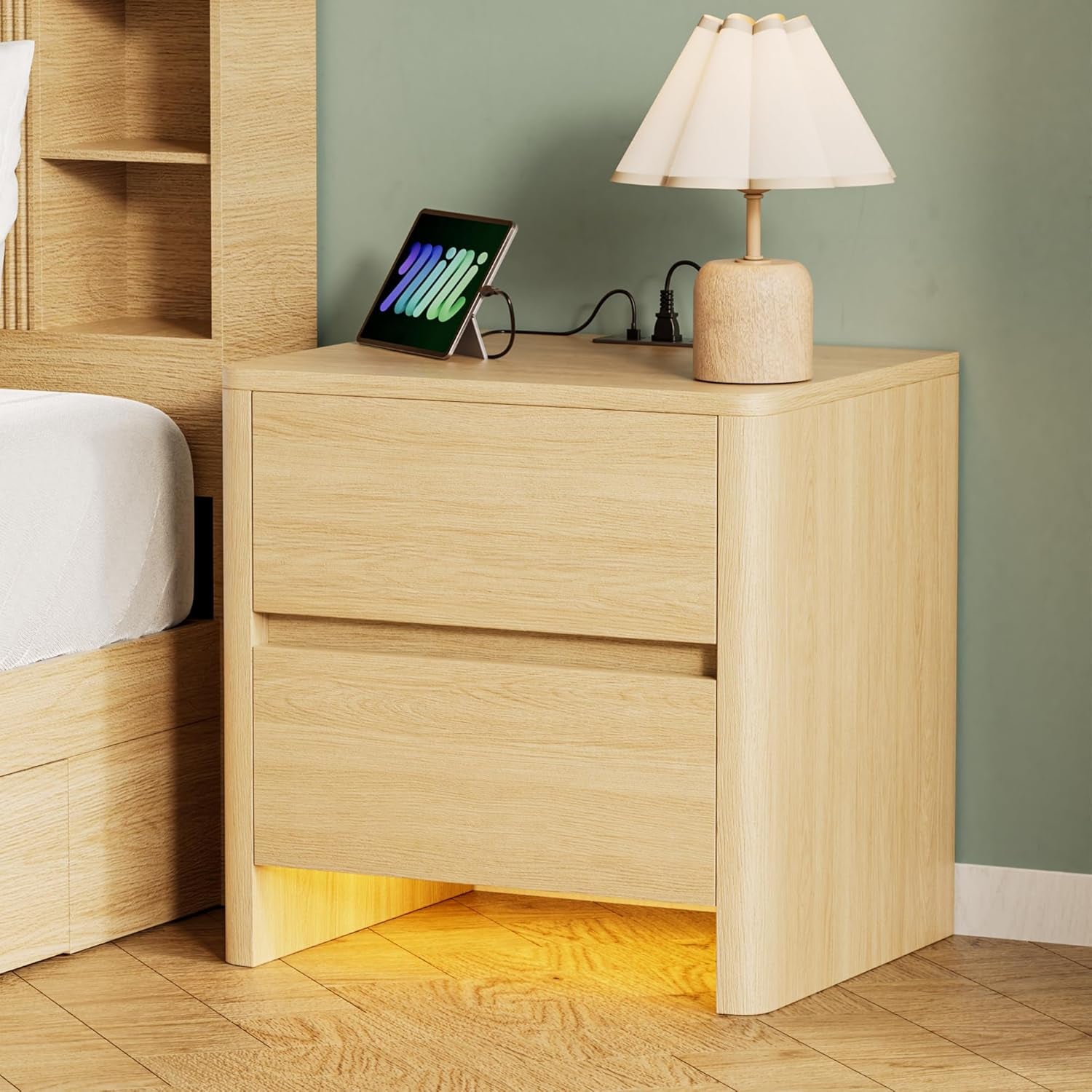 Nightstand with Charging Station, Modern Bedside Table End Table with LED Lights & 2 Drawers & Safe Curved Corners, Mid Century Modern Night Stand for Bedroom, Living Room, Natural Oak
