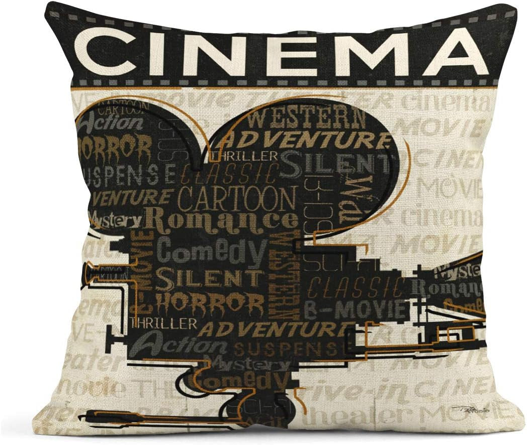 Set of 4 Linen Throw Pillow Covers Vintage Cinema Movie Theater Fresh Popcorn Projector Admit One Decorative Pillow Cases Home Decor Square 18X18 Inches Pillowcases