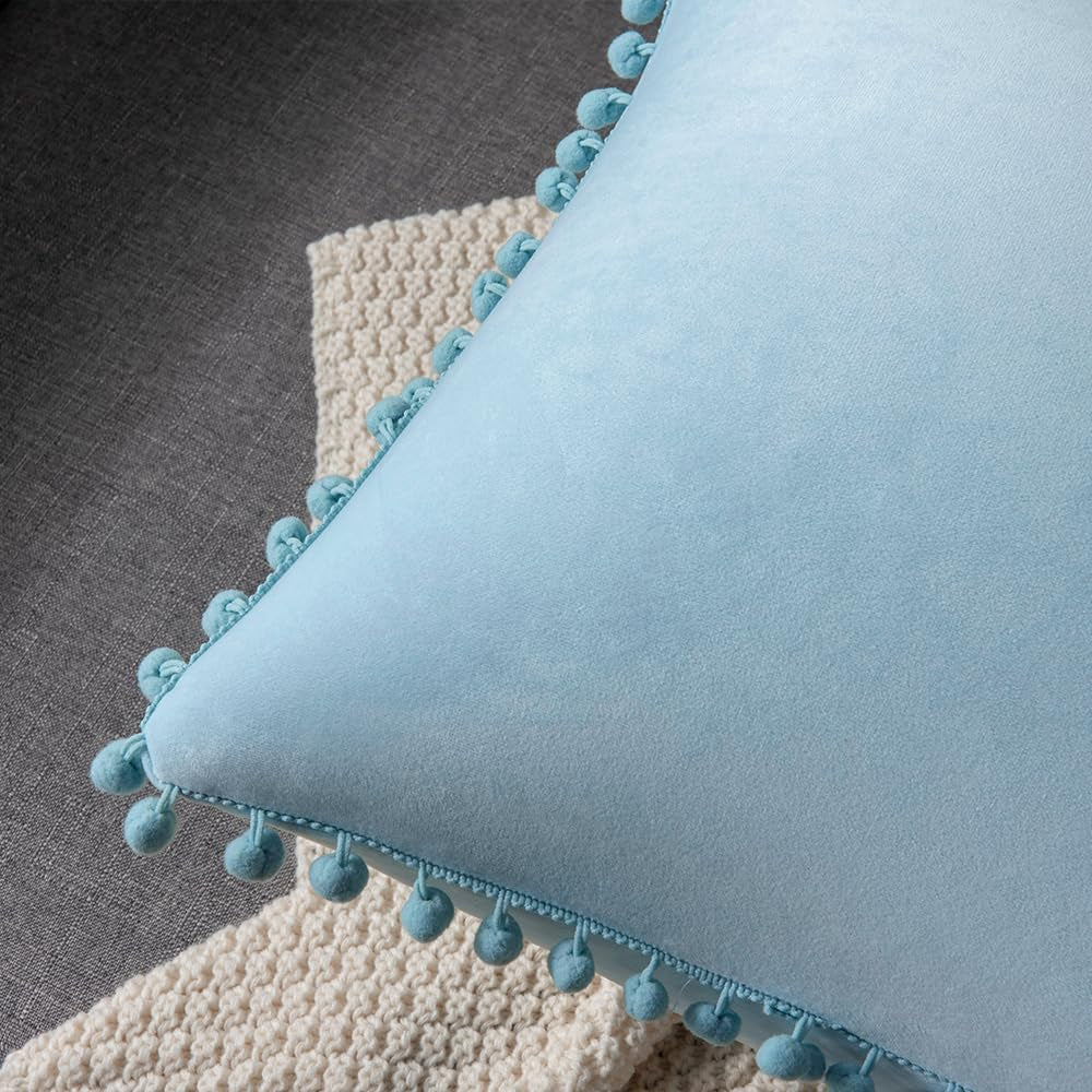 Throw Pillow Cases 20X20 Light-Blue: 2 Pack Cozy Soft Pom-Poms Velvet Square Decorative Pillow Covers for Farmhouse Home Decor