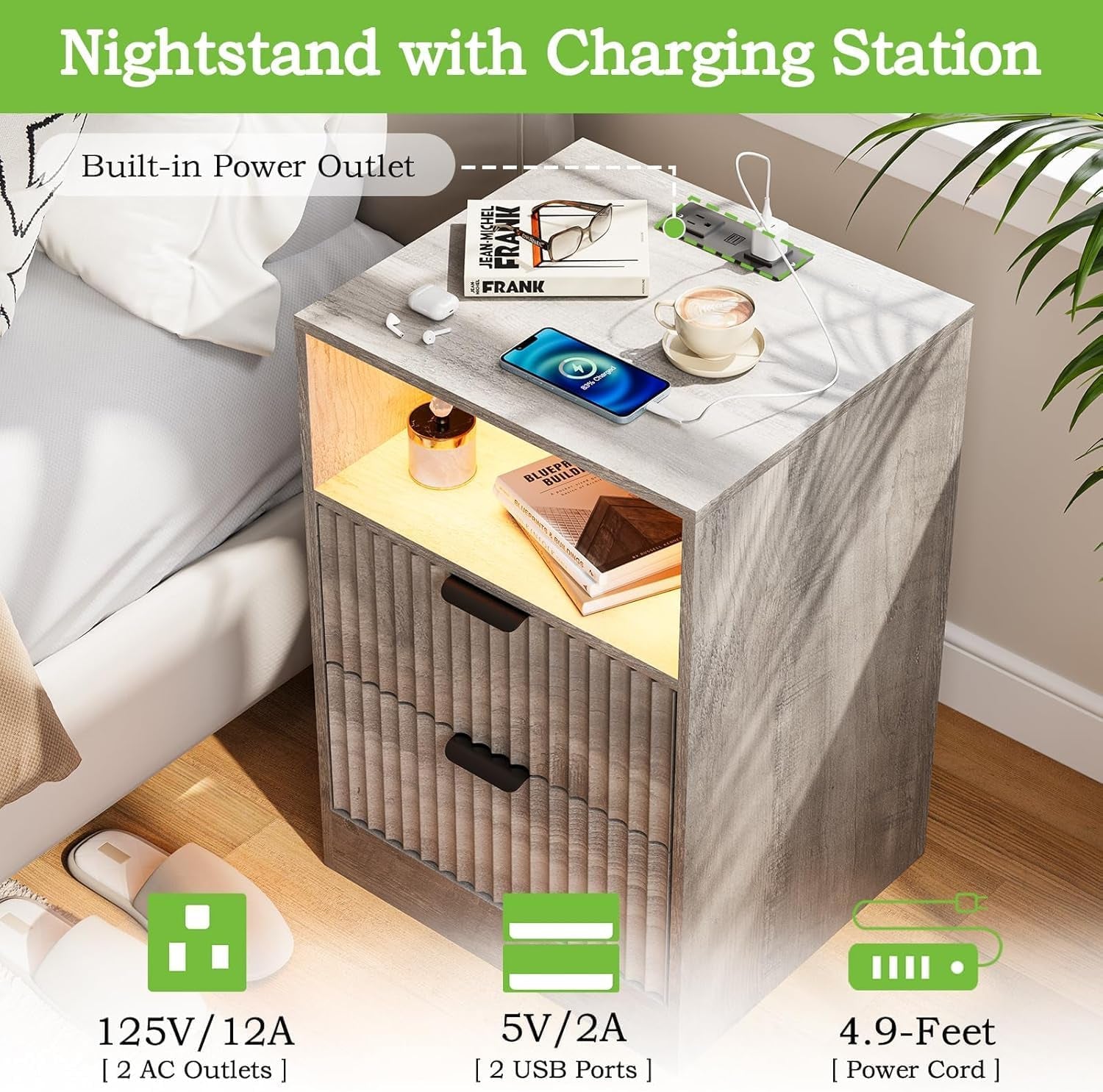 Night Stand Set 2, LED Night Stand with Charging Station, Wood Side Table, Fluted Nightstands with 2 Drawers, End & Bedside Tables for Bedroom Sofa Office, Wood Gray