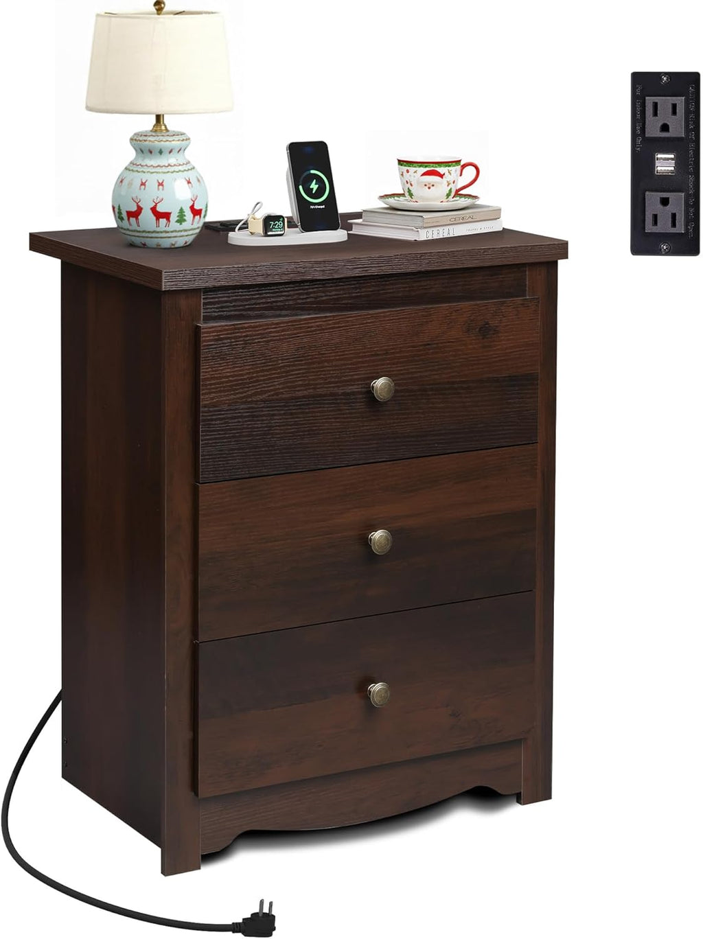 Tall Nightstand with Charging Station, Wood Night Stand with 3 Drawers Storage, Bedside Table End Side Tables with 2 USB Ports and Outlets for Bedroom, Closet, Espresso