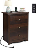 Tall Nightstand with Charging Station, Wood Night Stand with 3 Drawers Storage, Bedside Table End Side Tables with 2 USB Ports and Outlets for Bedroom, Closet, Espresso