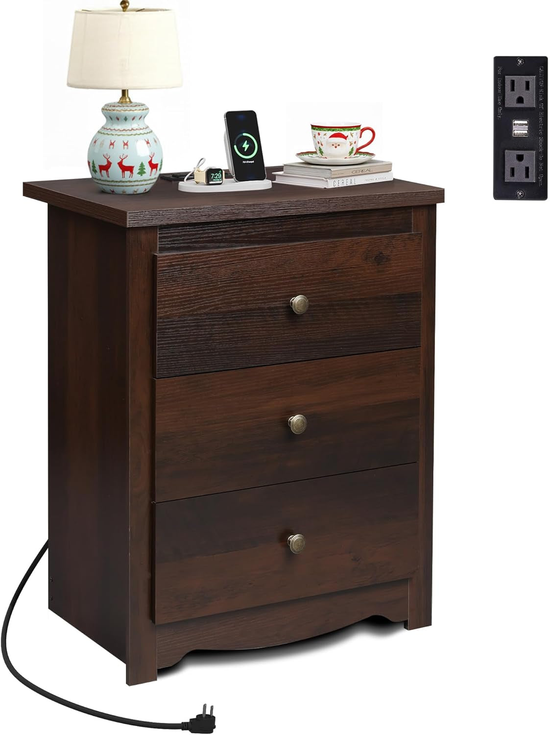 Tall Nightstand with Charging Station, Wood Night Stand with 3 Drawers Storage, Bedside Table End Side Tables with 2 USB Ports and Outlets for Bedroom, Closet, Espresso