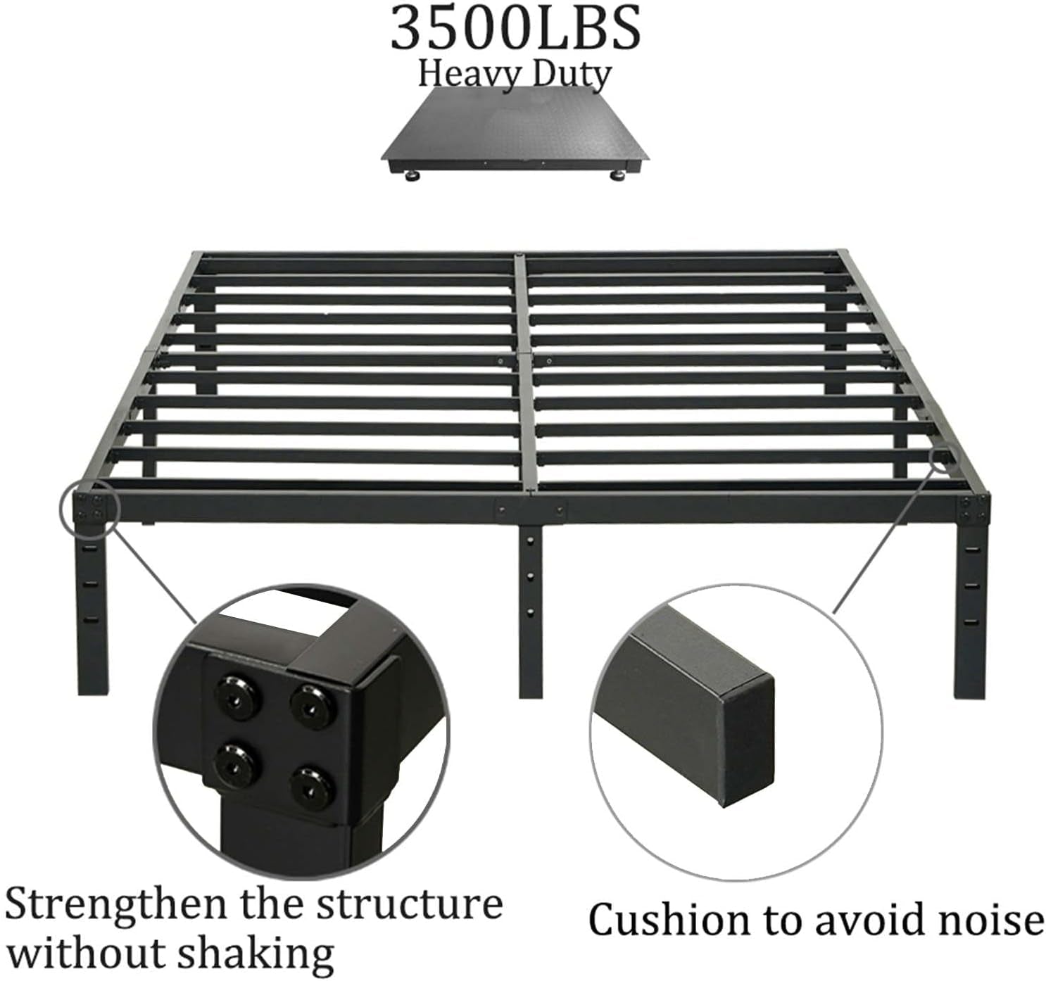 Queen Size Bed Frame with Steel Slats Support, Sturdy and Durable, No Box Spring Needed, 16 Inch High 3500Lbs Heavy Duty Metal Platform Frames with Storage, Noise-Free, Black