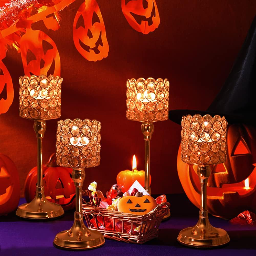 2 PCS Crystal Gold Candle Holders for Home Modern Decor/Wedding Table Centerpieces,Anniversary Celebration Gifts,12 and 14 Inches Tall