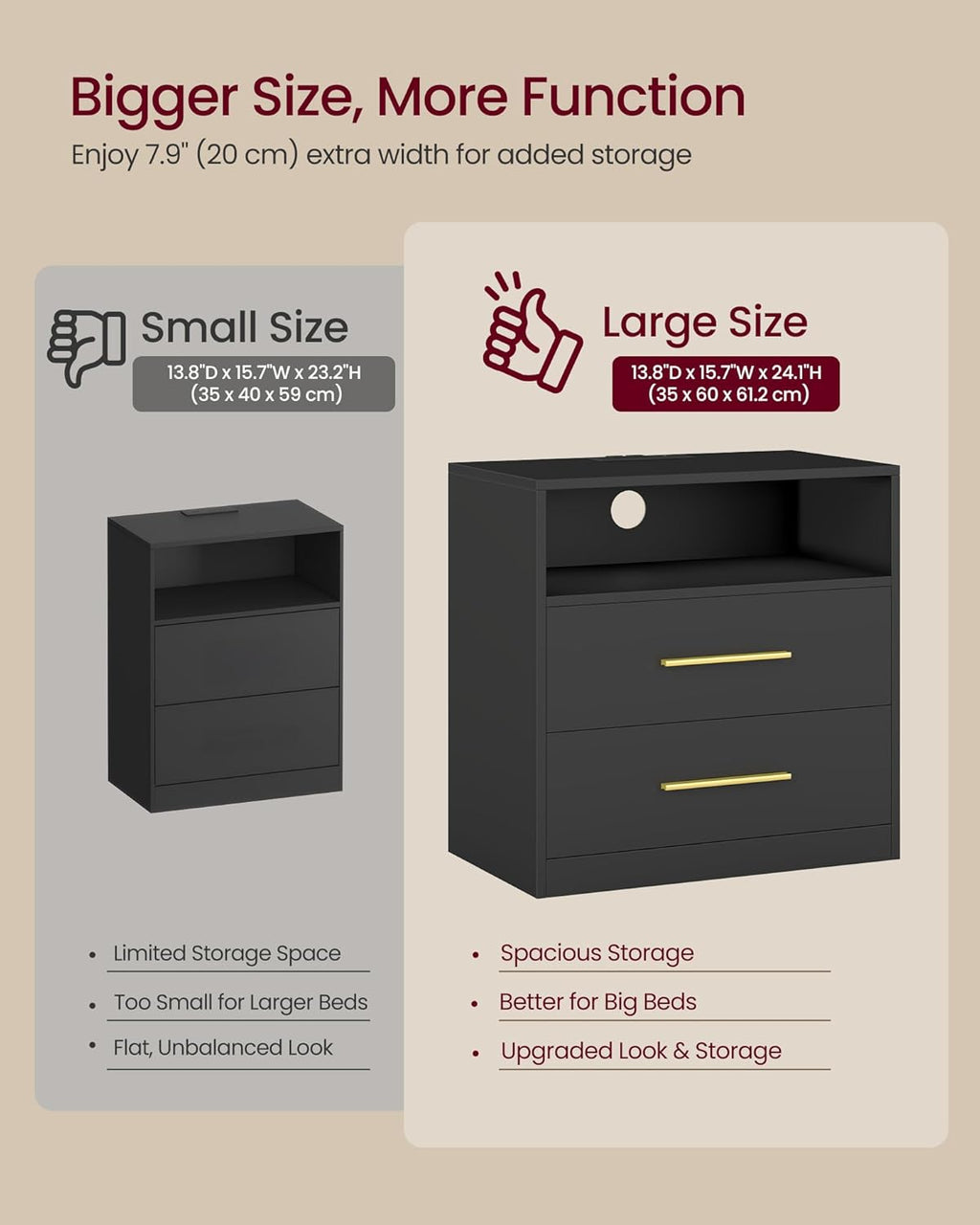 Custos Collection - Set of 2, 23.6 Inch Wide Nightstands with Charging Station, LED Lights, Modern Night Stands, Side End Tables with Drawers, Open Shelf, 2 AC Outlets USB Ports, Ink Black