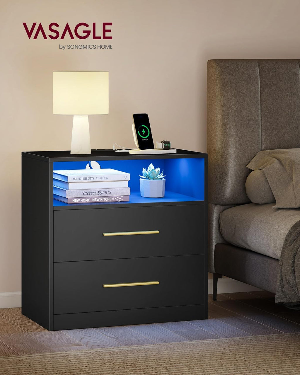 Custos Collection - Set of 2, 23.6 Inch Wide Nightstands with Charging Station, LED Lights, Modern Night Stands, Side End Tables with Drawers, Open Shelf, 2 AC Outlets USB Ports, Ink Black