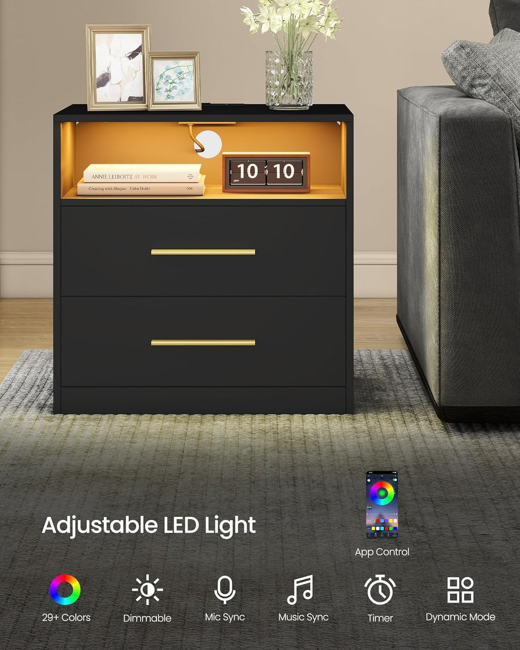 Custos Collection - Set of 2, 23.6 Inch Wide Nightstands with Charging Station, LED Lights, Modern Night Stands, Side End Tables with Drawers, Open Shelf, 2 AC Outlets USB Ports, Ink Black