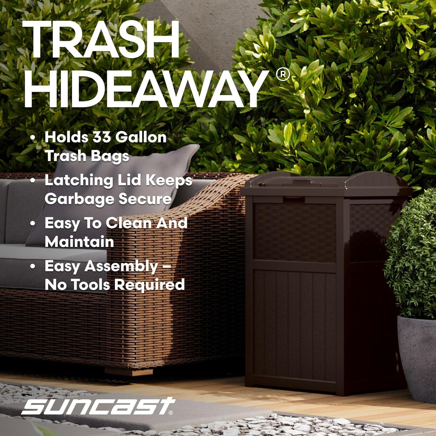 33 Gallon Commercial Outdoor Trashcan Hideaway with Lid for 30 to 33 Gallon Trash Bags for Garage, Backyard, or Garden, Brown
