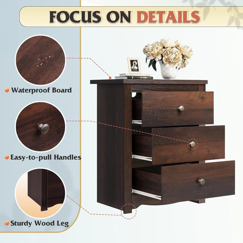 Tall Nightstand with Charging Station, Wood Night Stand with 3 Drawers Storage, Bedside Table End Side Tables with 2 USB Ports and Outlets for Bedroom, Closet, Espresso