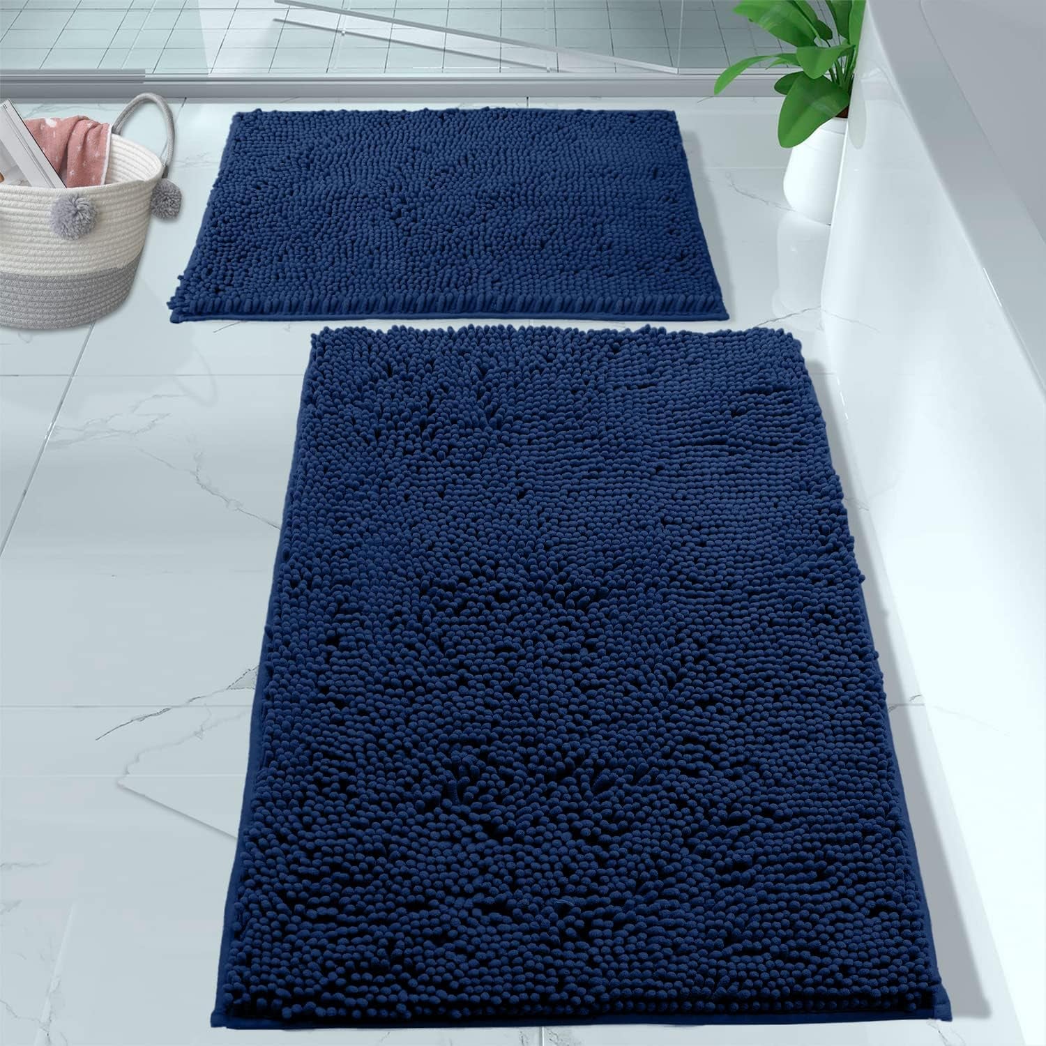 2 Piece Bathroom Rug Set - Premium Plush Bath Mat Shower Rugs, 1" Chenille Microfiber, Non-Slip & Absorbent, Soft & Cozy, Durable Stylish (20X30 & 16X24 Inches, Blue)