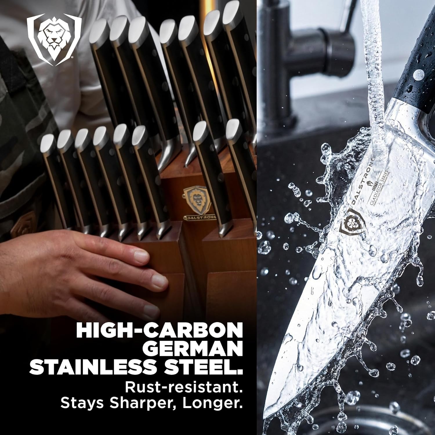 18-Piece Kitchen Knife Set Block - High Carbon German Steel Full Tang - Acacia Wood Knife Block Set - Black Handles ABS Gladiator Series - Professional NSF Knives Set for Kitchen Cuchillos