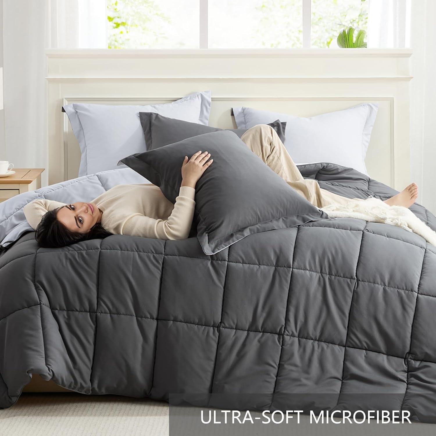Twin Comforter Set Grey, Comforters Twin Size Bed Sets, Soft Lightweight down Alternative Bed Comforter Reversible All Season 2 Piece Set Grey/Light Gray