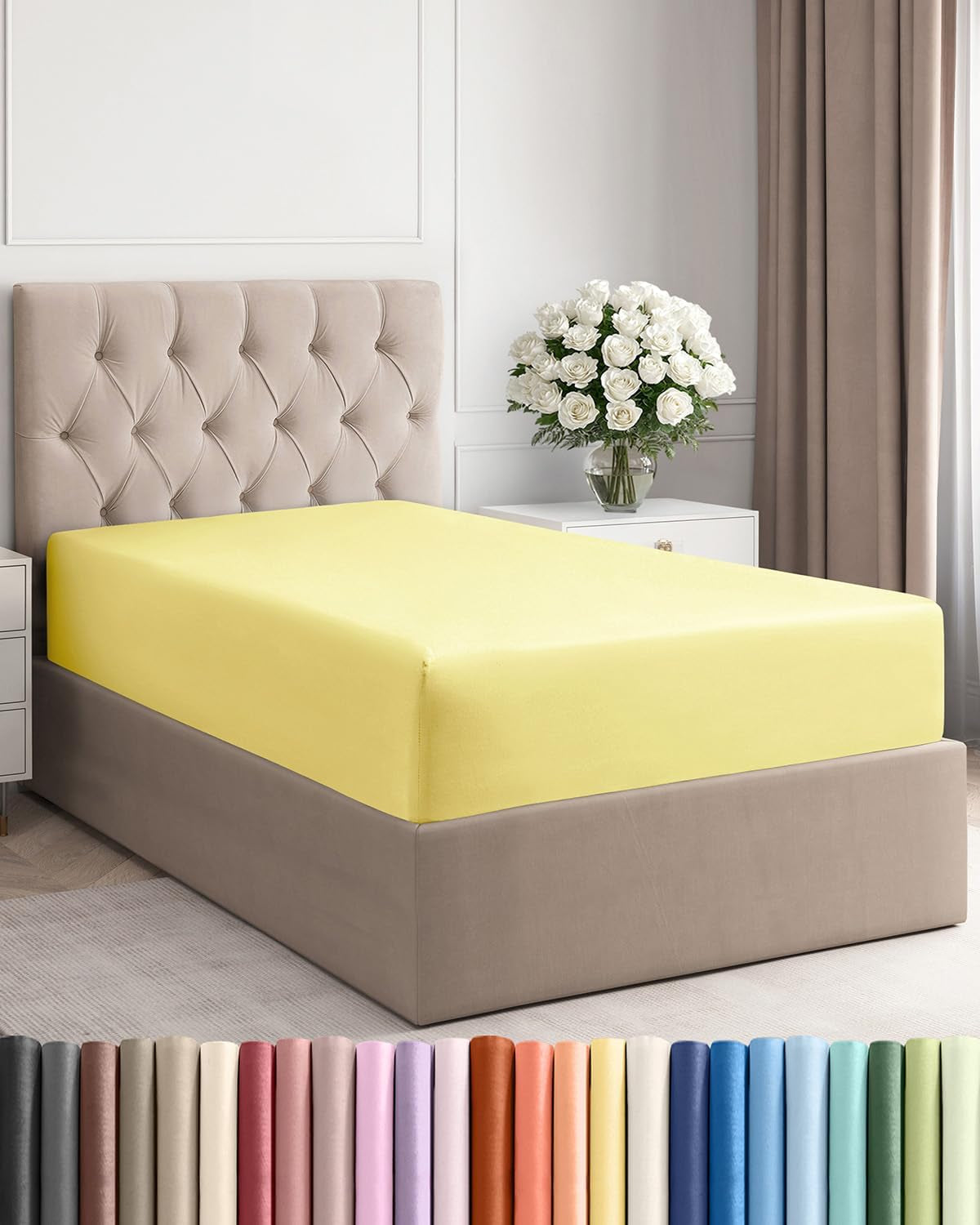 Twin Fitted Bed Sheet - Bottom Single Fitted Sheet Only - Ultra-Soft Hotel Luxury Bedding W/ 8-16 Inch Deep Pockets - Breathable, Cooling & Wrinkle Free - Easy-Care, Fade & Shrink Resistant - Yellow