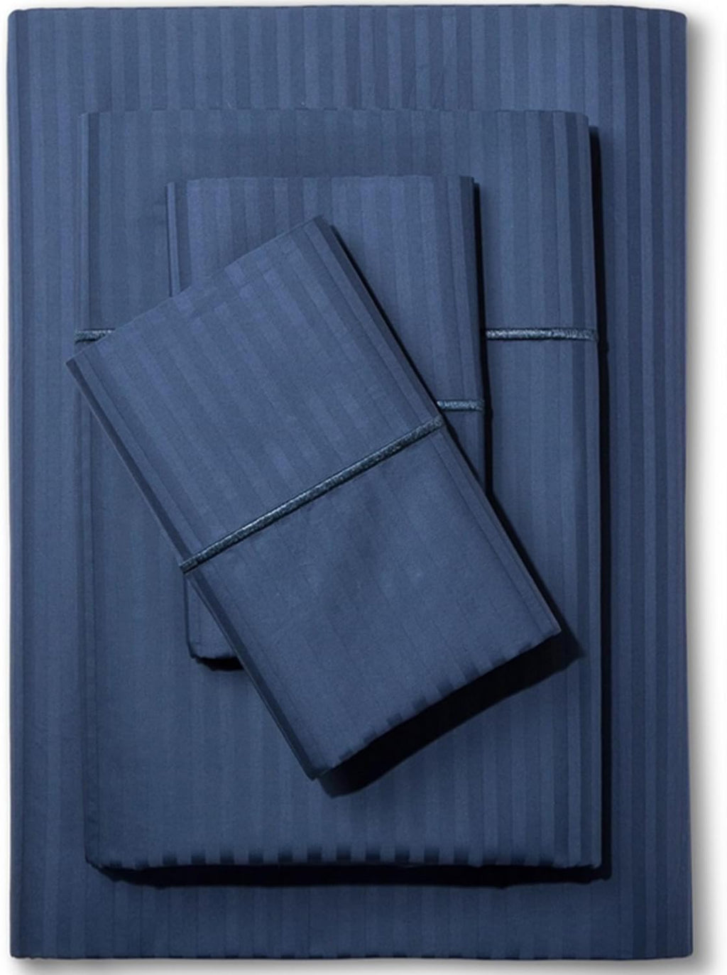 Feather & Stitch 500 TC California King Size Bed Sheet Set, 100% Cotton Soft Breathable Bedsheets, 4 Piece 18" Deep Pockets Sateen Weave Striped Bedding Mattress Resort Hotel - (Dark Blue Stripe)