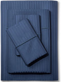 Feather & Stitch 500 TC California King Size Bed Sheet Set, 100% Cotton Soft Breathable Bedsheets, 4 Piece 18" Deep Pockets Sateen Weave Striped Bedding Mattress Resort Hotel - (Dark Blue Stripe)